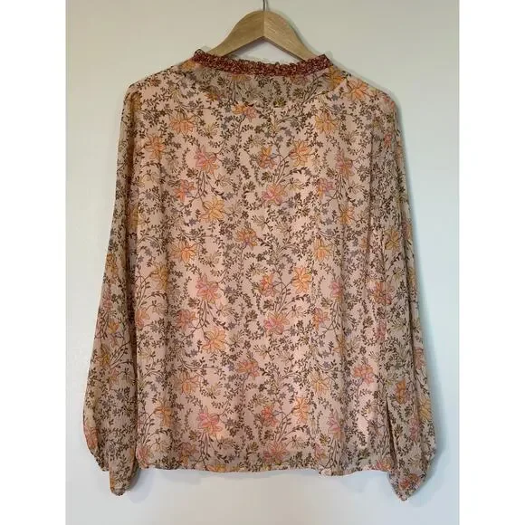 Lauren Conrad Size Large Pink Orange Floral Boho Blouse Long Sleeve Lagenlook - Picture 4 of 4